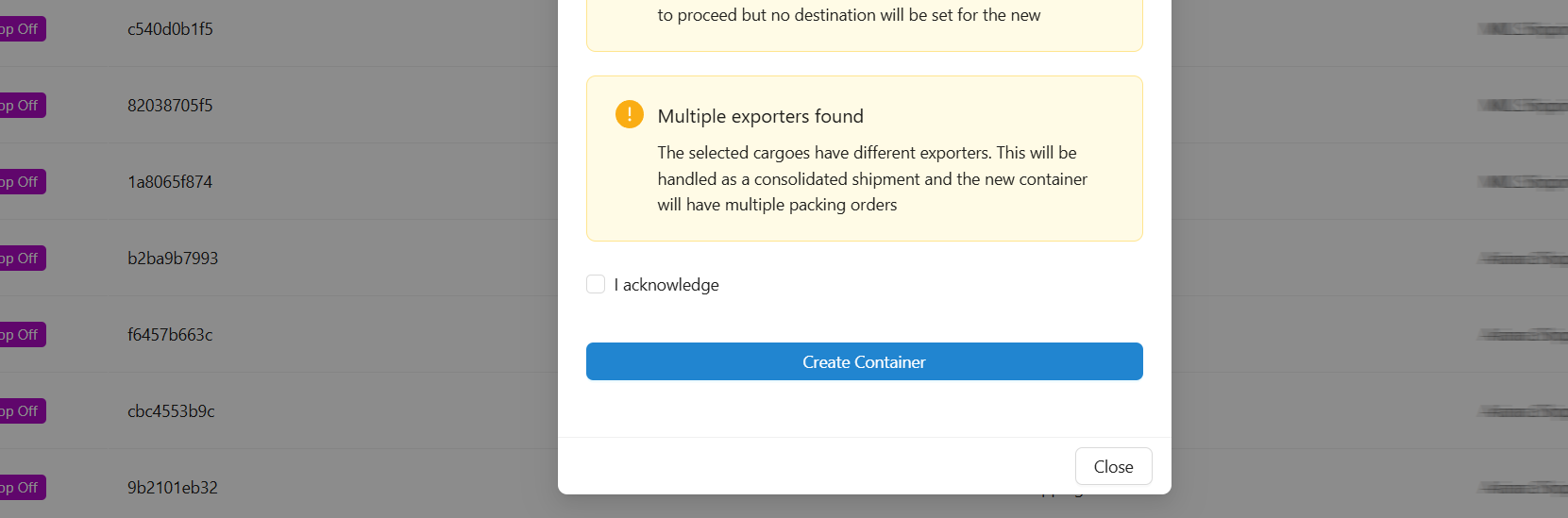 confirmation box with errors, alerts, and notification with confirmation before proceeding